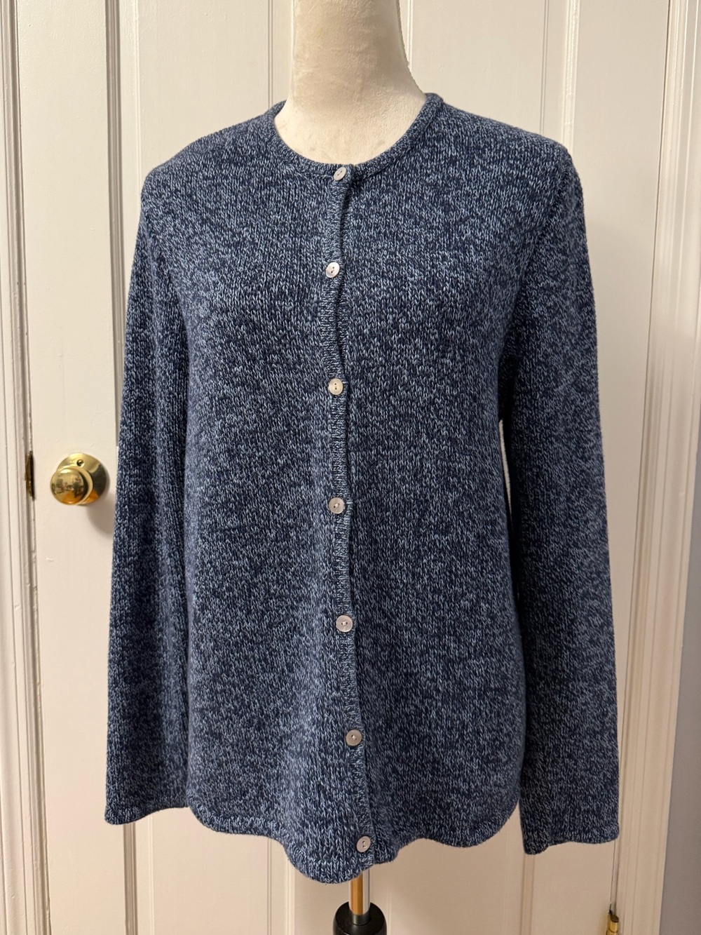 L.L. Bean Women’s Blue & White Marled 100% Cotton Knit Cardigan Sweater, Size L